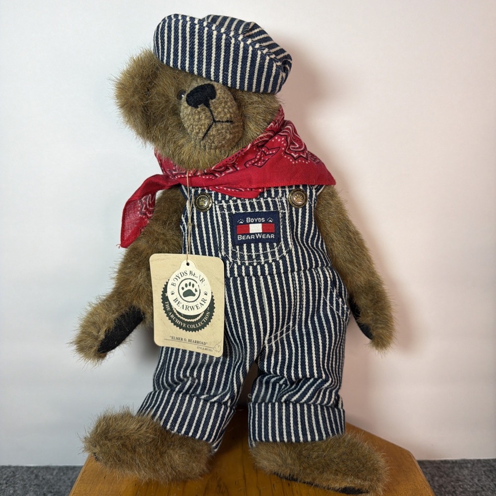 12" Boyds Bears "Elmer O.‎ Bearroad" Overalls Cap Bandana Plush Collectible NWT